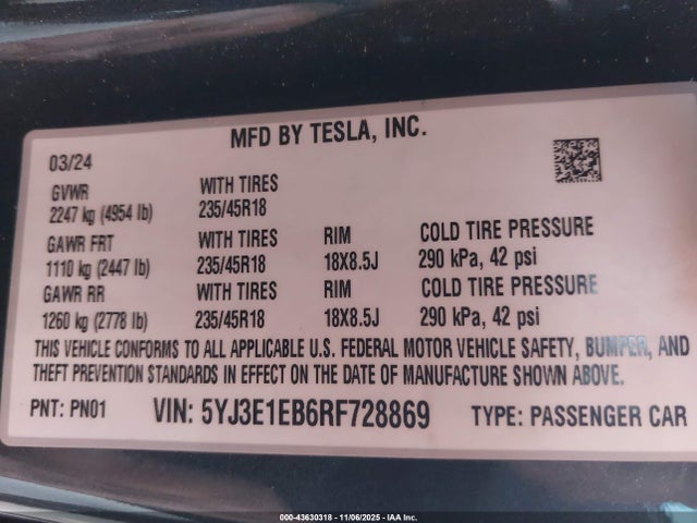 43630318 :رقم المزاد ، 5YJ3E1EB6RF728869 vin ، 2024 Tesla Model 3 Long Range Dual Motor All-wheel Drive مزاد بيع