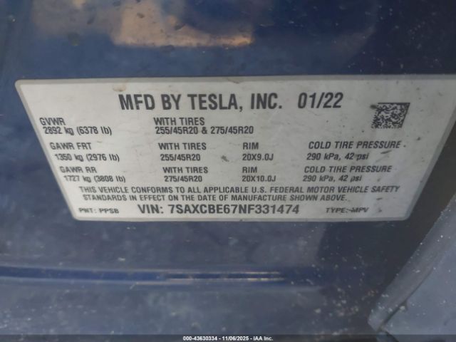 2022 TESLA MODEL X 7SAXCBE67NF331474 Photo 8