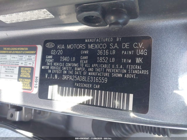 43630347 :رقم المزاد ، 3KPA25AD8LE316559 vin ، 2020 Kia Rio 5-door S مزاد بيع