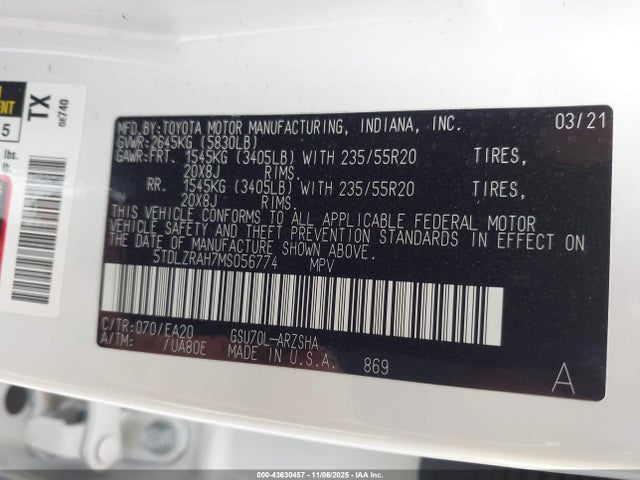 5TDLZRAH7MS056774 Toyota Highlander Xse