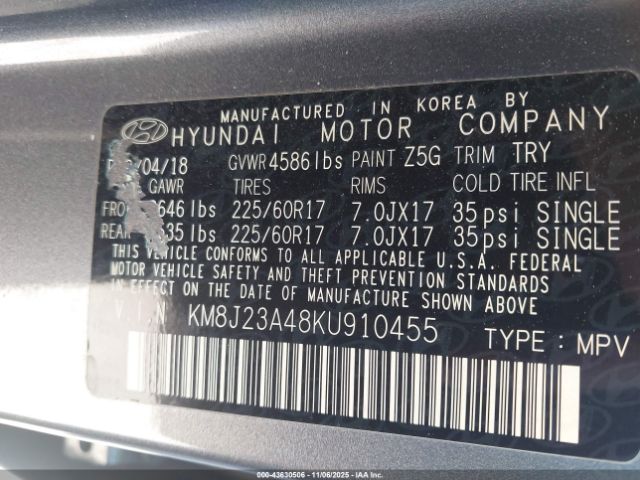 2019 HYUNDAI TUCSON KM8J23A48KU910455 Photo 8