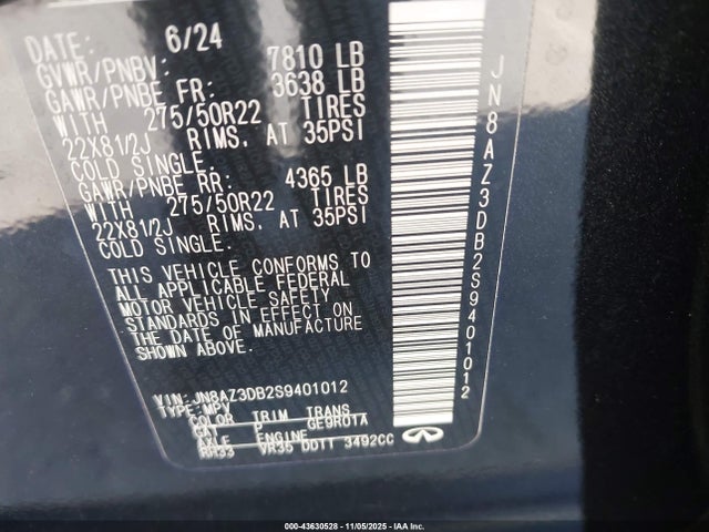 Продаж на аукціоні авто 2025 Infiniti Qx80 Sensory Awd, vin: JN8AZ3DB2S9401012, номер лоту: 43630528
