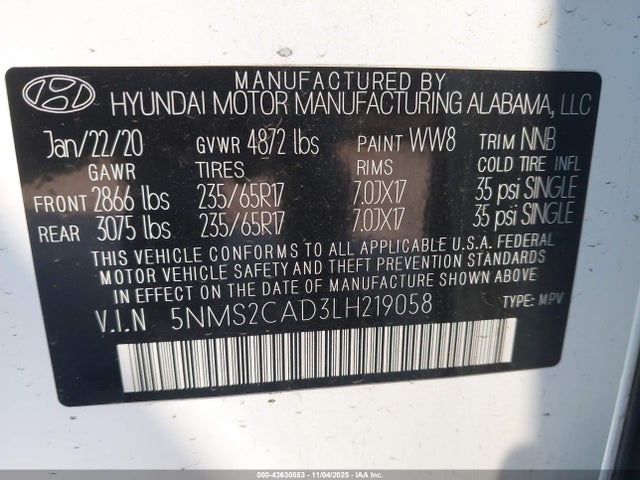 5NMS2CAD3LH219058 Hyundai Santa Fe Se