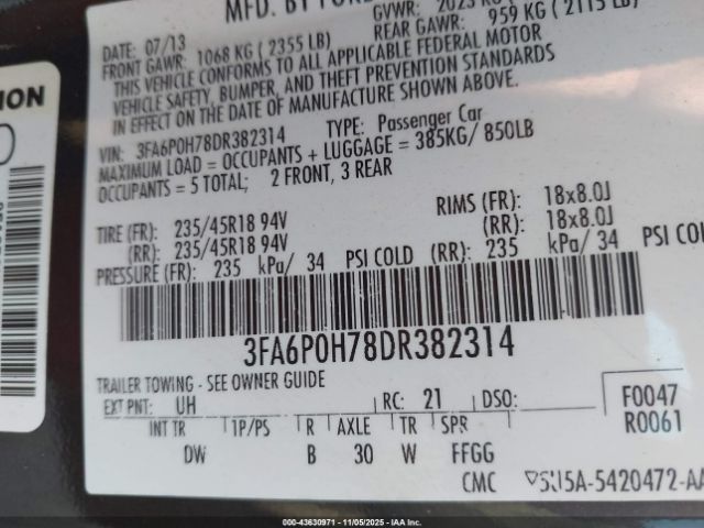 2013 FORD FUSION 3FA6P0H78DR382314 Photo 8