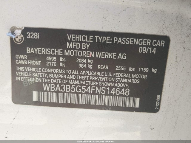 Aukcja sprzedaży 2015 Bmw 328i Xdrive, vin: WBA3B5G54FNS14648, numer aukcji: 43631014