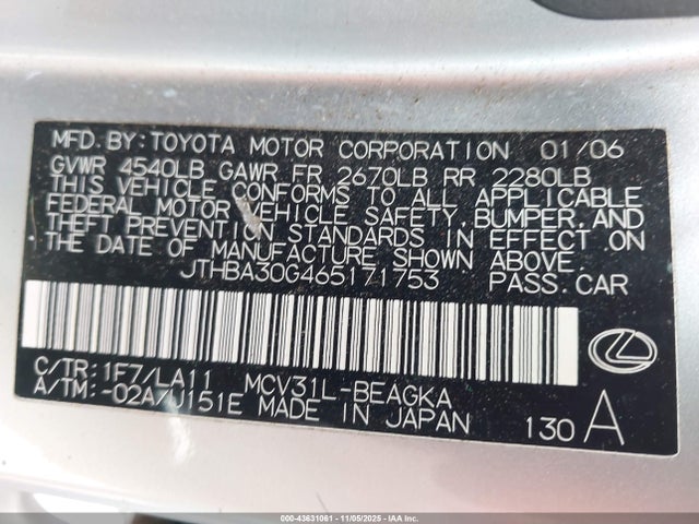 Продажа на аукционе авто 2006 Lexus Es 330, vin: JTHBA30G465171753, номер лота: 43631061