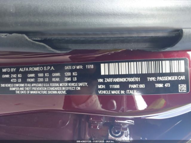 2019 ALFA ROMEO GIULIA ZARFANBN0K7608761 Photo 8