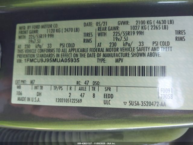 2021 FORD ESCAPE 1FMCU9J95MUA05935 Photo 8