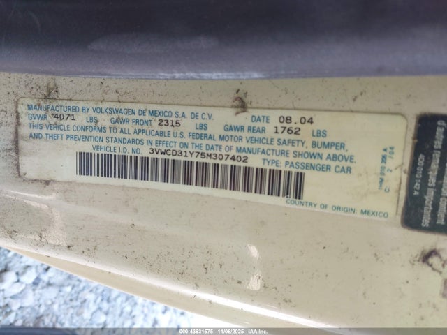 Aukcja sprzedaży 2005 Volkswagen New Beetle Gls 1.8t, vin: 3VWCD31Y75M307402, numer aukcji: 43631575