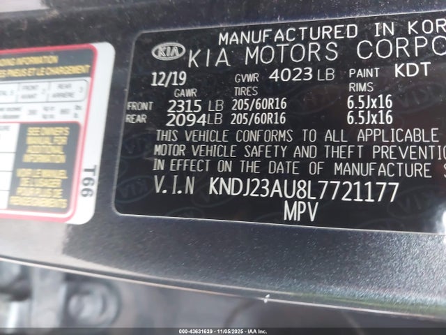 43631639 :رقم المزاد ، KNDJ23AU8L7721177 vin ، 2020 Kia Soul S مزاد بيع