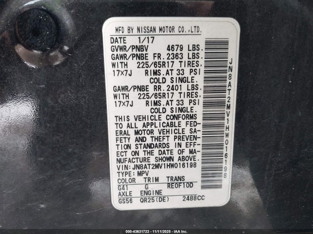 43631722 :رقم المزاد ، JN8AT2MV1HW016198 vin ، 2017 Nissan Rogue Sv مزاد بيع