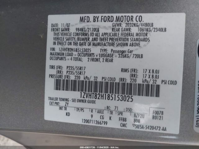 2008 FORD MUSTANG 1ZVHT82H185153025 Photo 8