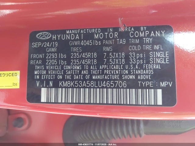 Aukcja sprzedaży 2020 Hyundai Kona Ultimate, vin: KM8K53A58LU465706, numer aukcji: 43631774
