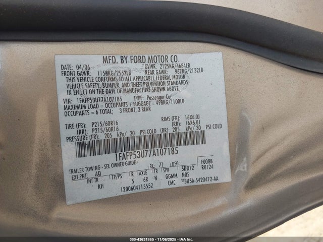 2007 FORD TAURUS 1FAFP53U77A107185 Photo 8