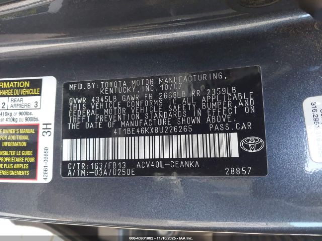 2008 TOYOTA CAMRY 4T1BE46KX8U226265 Photo 8