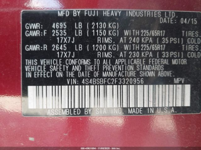 2015 SUBARU OUTBACK 4S4BSBFC2F3320956 Photo 8