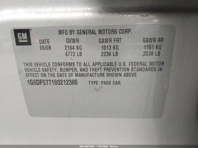 Продажа на аукционе авто 2008 Cadillac Cts Standard, vin: 1G6DF577180212386, номер лота: 43631924