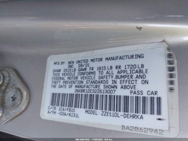 2002 TOYOTA COROLLA 1NXBR12E32Z613007 Photo 8