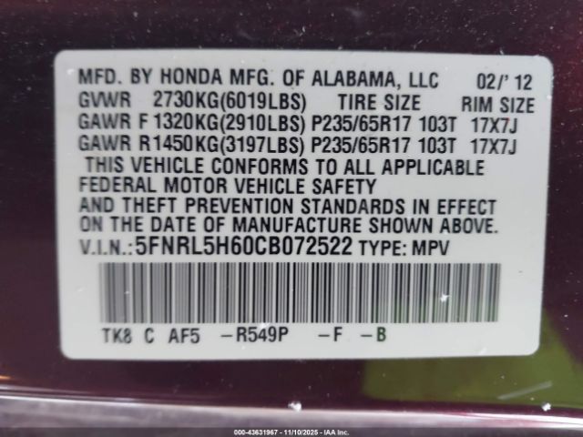 2012 HONDA ODYSSEY 5FNRL5H60CB072522 Photo 8