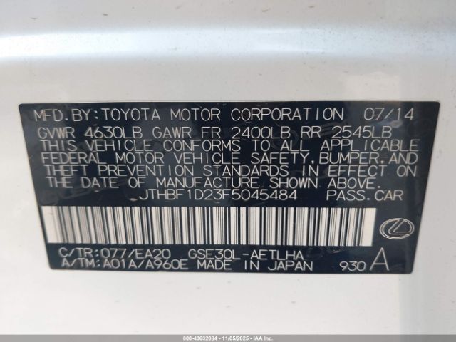 2015 LEXUS IS 250 JTHBF1D23F5045484 Photo 8