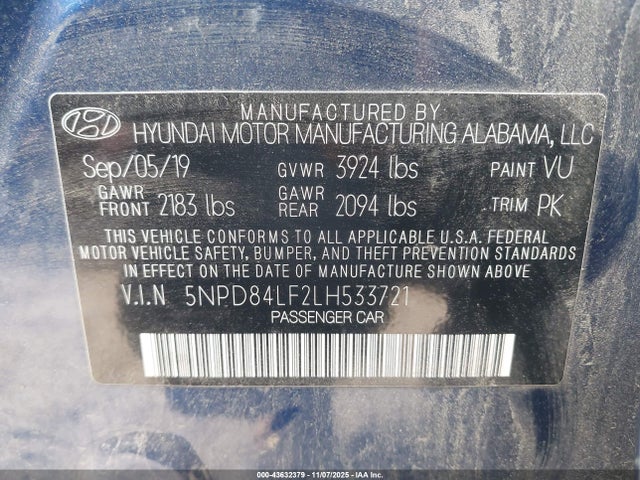 5NPD84LF2LH533721 Hyundai ELANTRA SEL