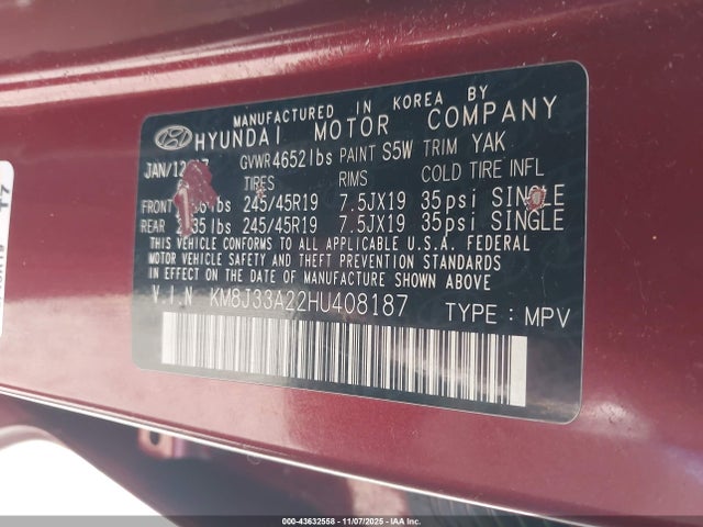 KM8J33A22HU408187 Hyundai Tucson Sport