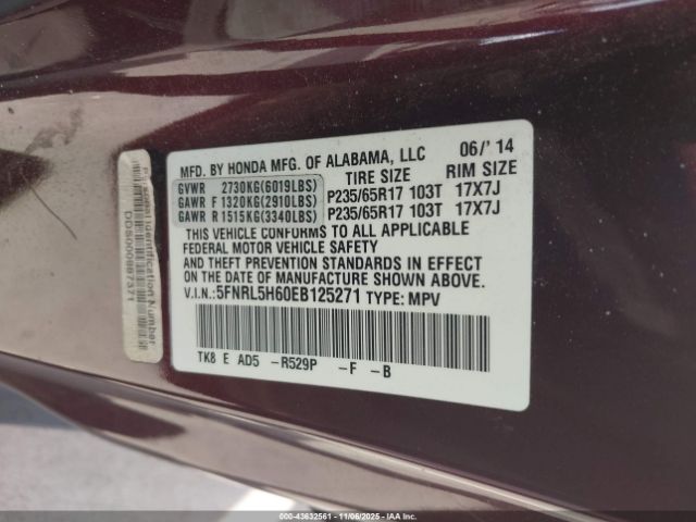 2014 HONDA ODYSSEY 5FNRL5H60EB125271 Photo 8
