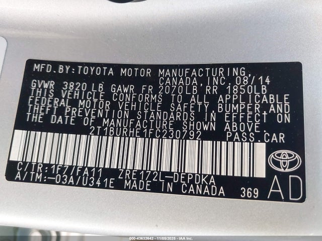 Aukcja sprzedaży 2015 Toyota Corolla L, vin: 2T1BURHE1FC230792, numer aukcji: 43632642