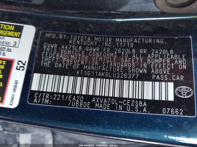 4T1G11AK6LU326377 Toyota CAMRY SE