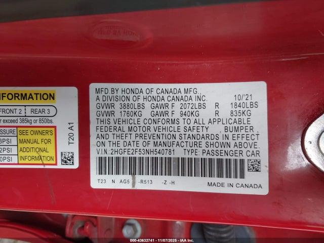 43632741 :رقم المزاد ، 2HGFE2F53NH540781 vin ، 2022 Honda Civic Sport مزاد بيع