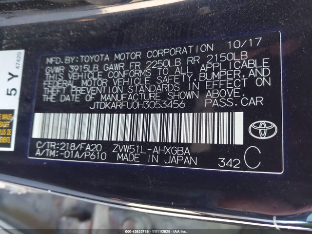 JTDKARFU0H3053456 Toyota Prius Three