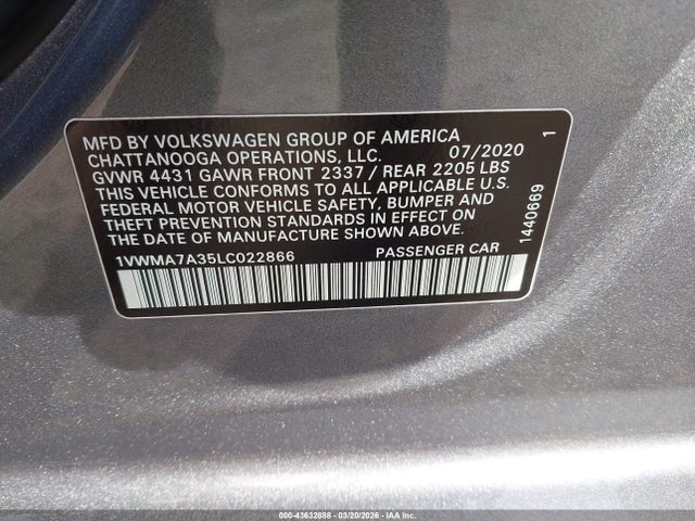 Продажа на аукционе авто 2020 Volkswagen Passat 2.0t R-line, vin: 1VWMA7A35LC022866, номер лота: 43632888
