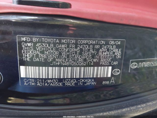 2005 LEXUS SC JTHFN48Y050062114 Photo 8