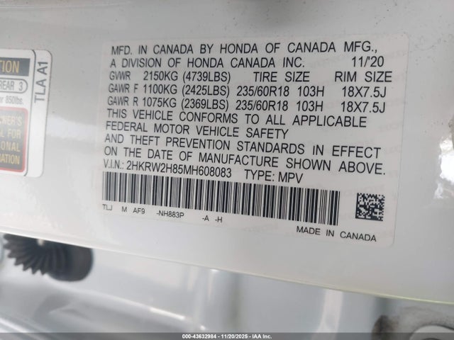 43632984 :رقم المزاد ، 2HKRW2H85MH608083 vin ، 2021 Honda Cr-v Awd Ex-l مزاد بيع