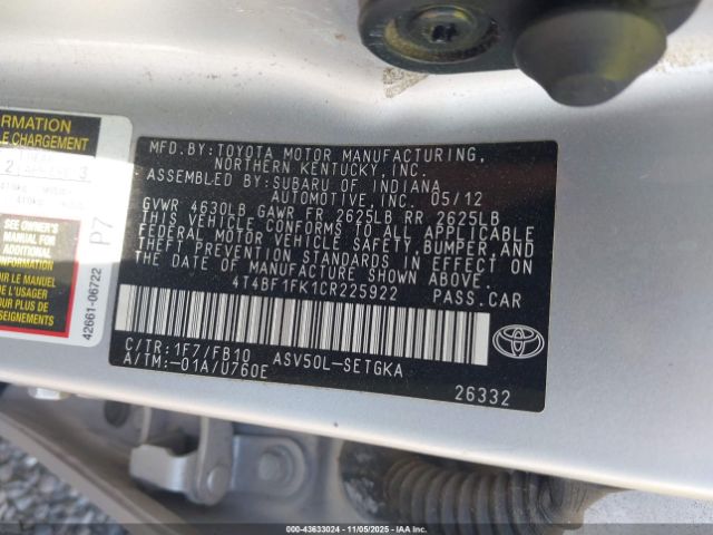 2012 TOYOTA CAMRY 4T4BF1FK1CR225922 Photo 8