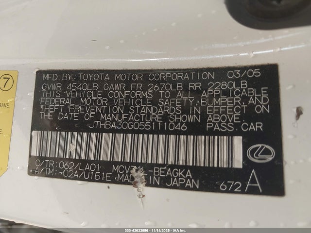 43633086 :رقم المزاد ، JTHBA30G055111046 vin ، 2005 Lexus Es 330 مزاد بيع