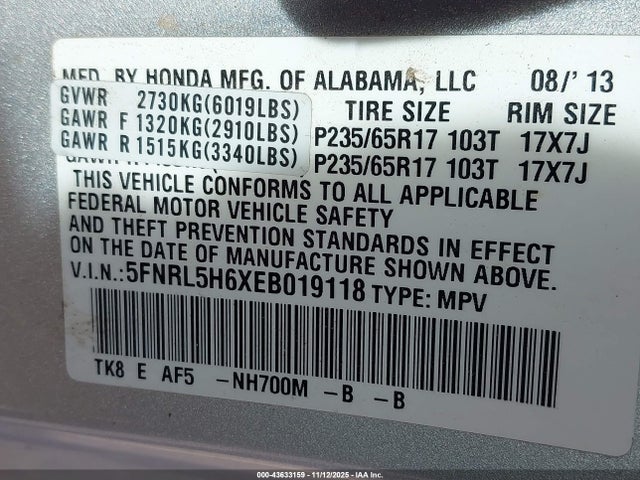5FNRL5H6XEB019118 Honda Odyssey Ex-l
