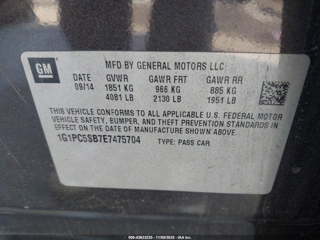 2014 Chevrolet Cruze 1lt Auto მანქანა იყიდება აუქციონზე, vin: 1G1PC5SB7E7475704, აუქციონის ნომერი: 43633230