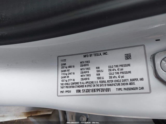2023 Tesla Model 3 Long Range Dual Motor All-wheel Drive მანქანა იყიდება აუქციონზე, vin: 5YJ3E1EB7PF391691, აუქციონის ნომერი: 43633237