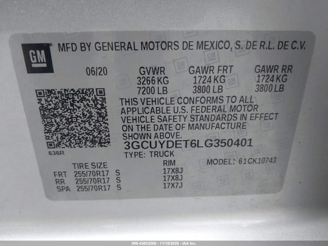 3GCUYDET6LG350401 Chevrolet Silverado 1500 4wd Standard Bed Lt