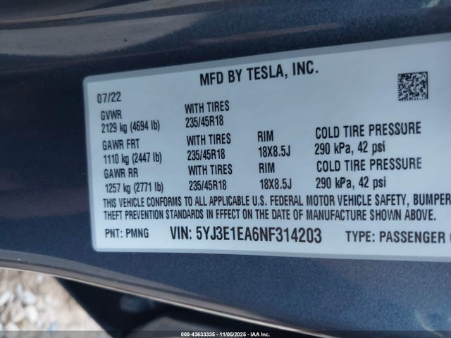 2022 TESLA MODEL 3 5YJ3E1EA6NF314203 Photo 8