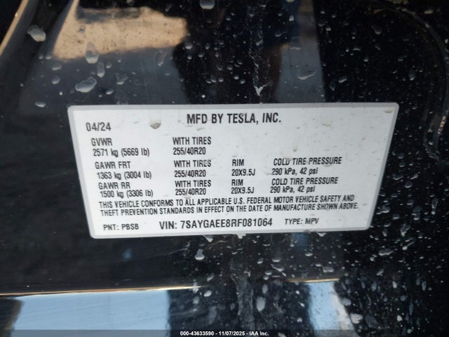 43633590 :رقم المزاد ، 7SAYGAEE8RF081064 vin ، 2024 Tesla Model Y Long Range Dual Motor All-wheel Drive مزاد بيع