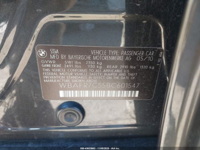 2011 BMW 535I WBAFR7C55BC601547 Photo 8