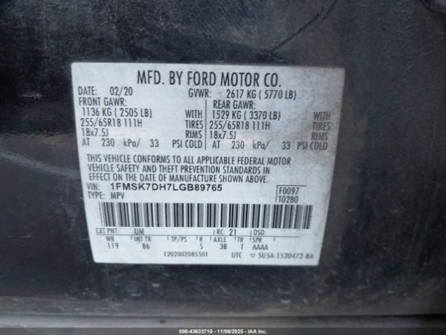 2020 FORD EXPLORER 1FMSK7DH7LGB89765 Photo 8