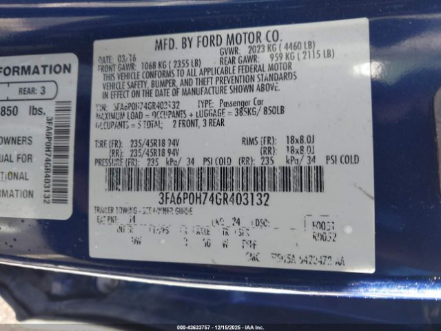 2016 FORD FUSION 3FA6P0H74GR403132 Photo 8