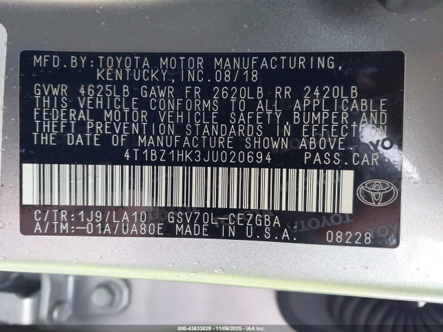 4T1BZ1HK3JU020694 Toyota Camry Xle V6