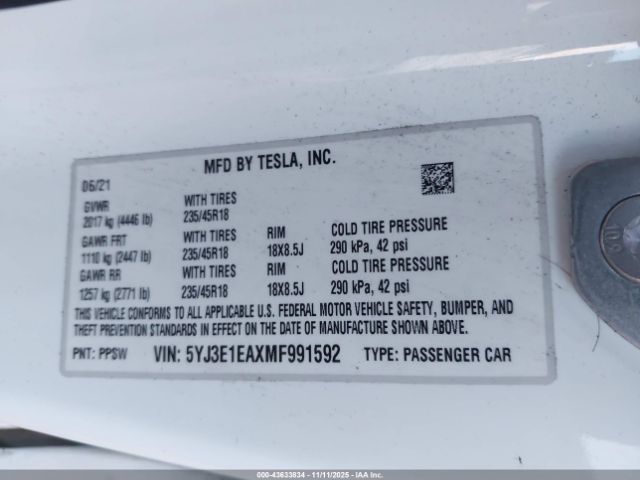 2021 TESLA MODEL 3 5YJ3E1EAXMF991592 Photo 8