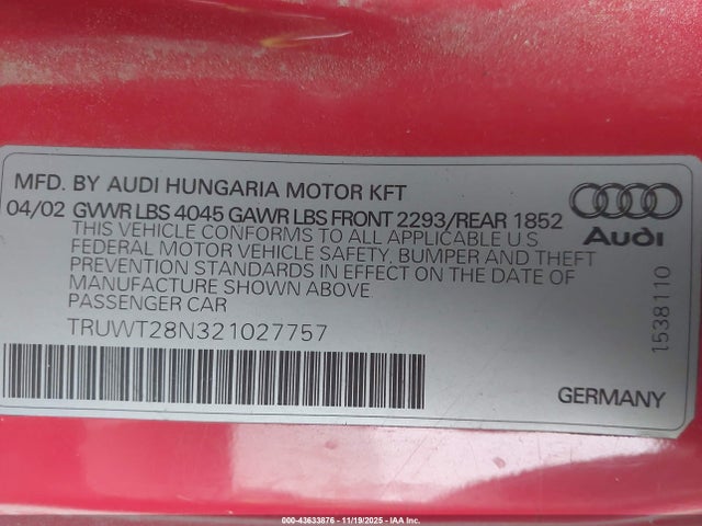 2002 AUDI TT TRUWT28N321027757 Photo 8