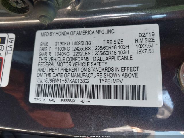 2019 HONDA CR-V 5J6RW1H57KA013802 Photo 8