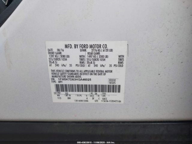 2017 FORD EXPLORER 1FM5K7D83HGA46025 Photo 8